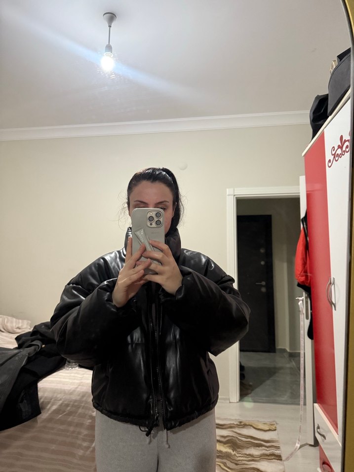 Siyah h&m Deri Puff Kısa Kadın Mont - Görsel 5