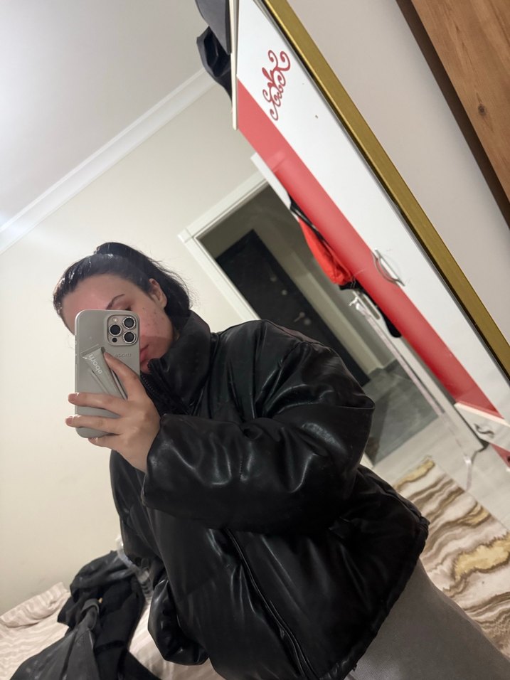 Siyah h&m Deri Puff Kısa Kadın Mont - Görsel 2