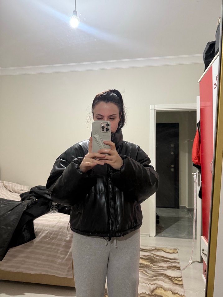 Siyah h&m Deri Puff Kısa Kadın Mont - Görsel 4