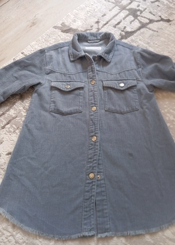 Gri Düğmeli Uzun Kollu Denim Kız Gömlek