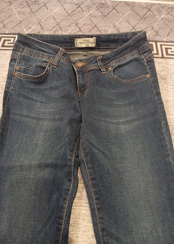 Kadın Mavi Kemerli Bohem Geniş Paça Kot Pantolon - Görsel 3