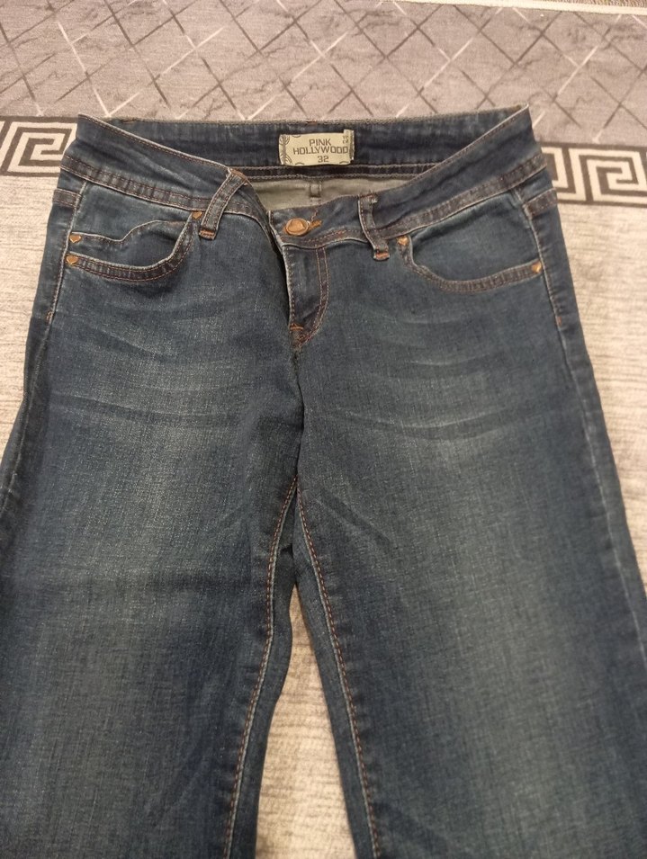 Kadın Mavi Kemerli Bohem Geniş Paça Kot Pantolon - Görsel 3