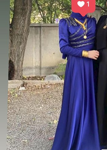 Uzun Kollu Mavi Drapeli Abiye Elbise