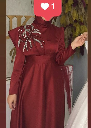 Bordo Uzun Kollu İşlemeli Abiye Elbise
