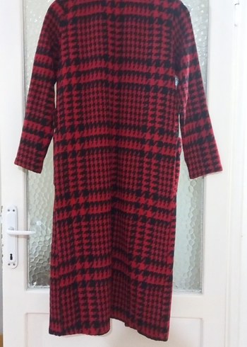 Bordo Ekose Desenli Uzun Kadın Kaban - Görsel 3