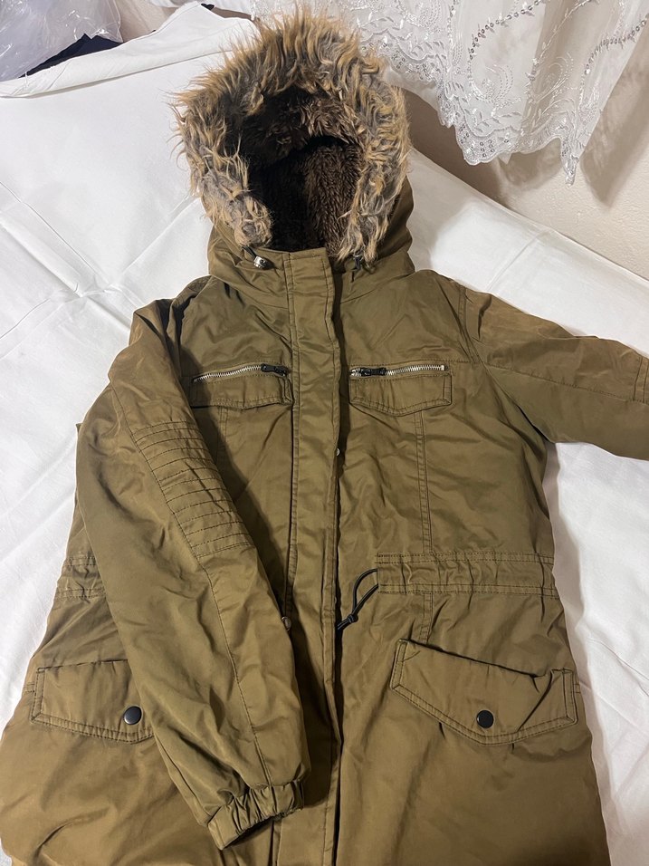 Kürklü Kapüşonlu Kadın Kahverengi Kaban - Görsel 4