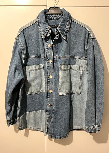 Düğmeli Gri-Mavi Kadın Denim Ceket
