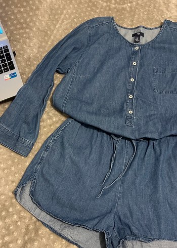 Düğmeli Uzun Kollu Jean Kadın Tulum - Görsel 2