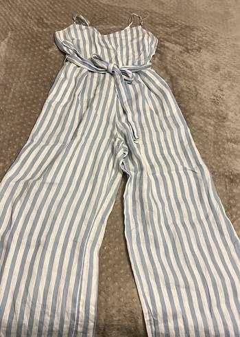 Mavi Çizgili Kemerli Kadın Tulum - Görsel 3