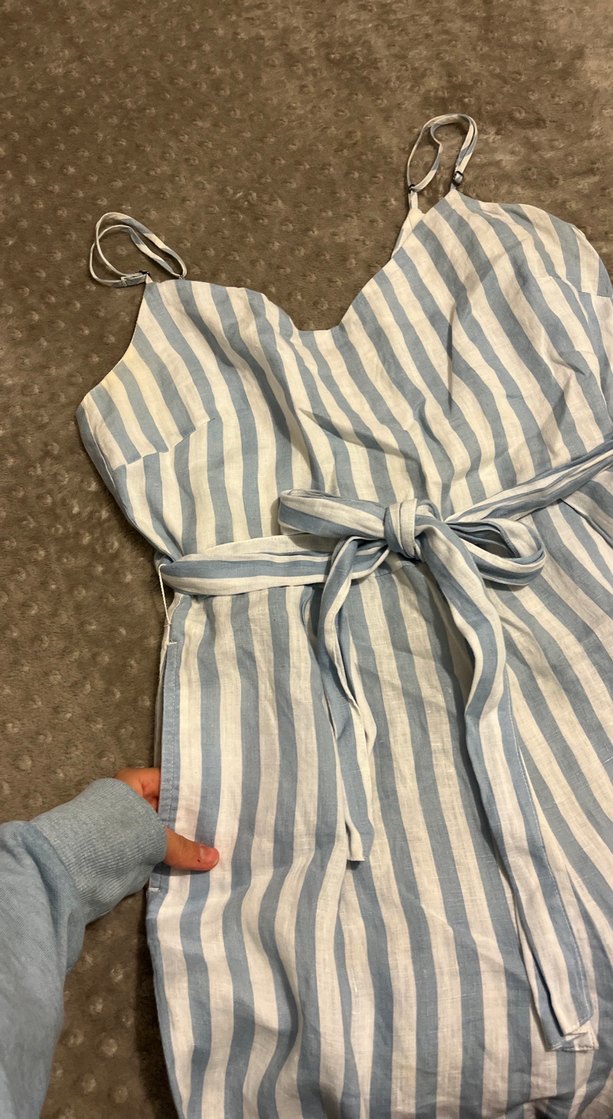 Mavi Çizgili Kemerli Kadın Tulum - Görsel 2