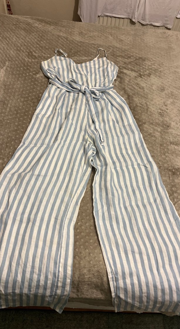 Mavi Çizgili Kemerli Kadın Tulum - Görsel 3