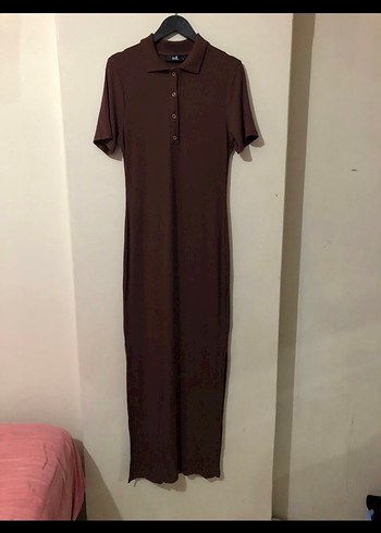 Kahverengi Polo Yaka Uzun Elbise - Görsel 4