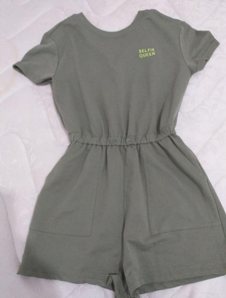 Haki  renk Kadın pamuklu kumaş Kısa Tulum - Görsel 3