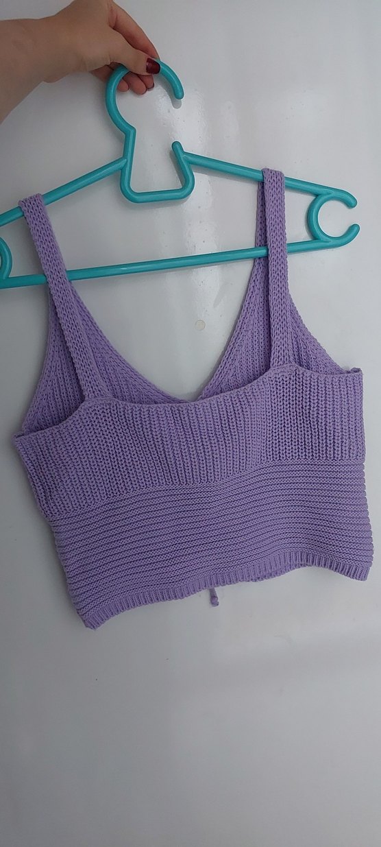 Lila Örgü V Yaka Mini Crop Top - Görsel 2