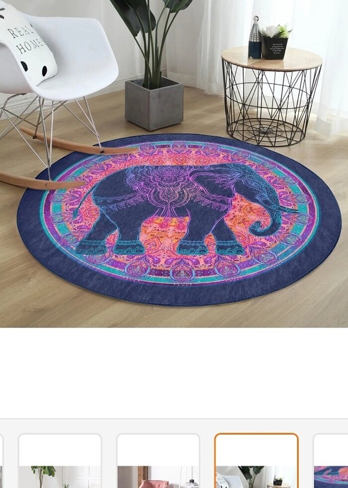 BOHEM OTANTİK ETNİK FİL DESENLİ MOR YUVARLAK HALI 150X150CM - Görsel 3