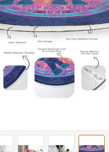 BOHEM OTANTİK ETNİK FİL DESENLİ YUVARLAK MOR HALI 120X120CM - Görsel 5