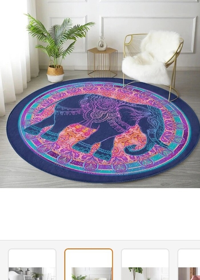 BOHEM OTANTİK ETNİK FİL DESENLİ YUVARLAK MOR HALI 120X120CM - Görsel 2