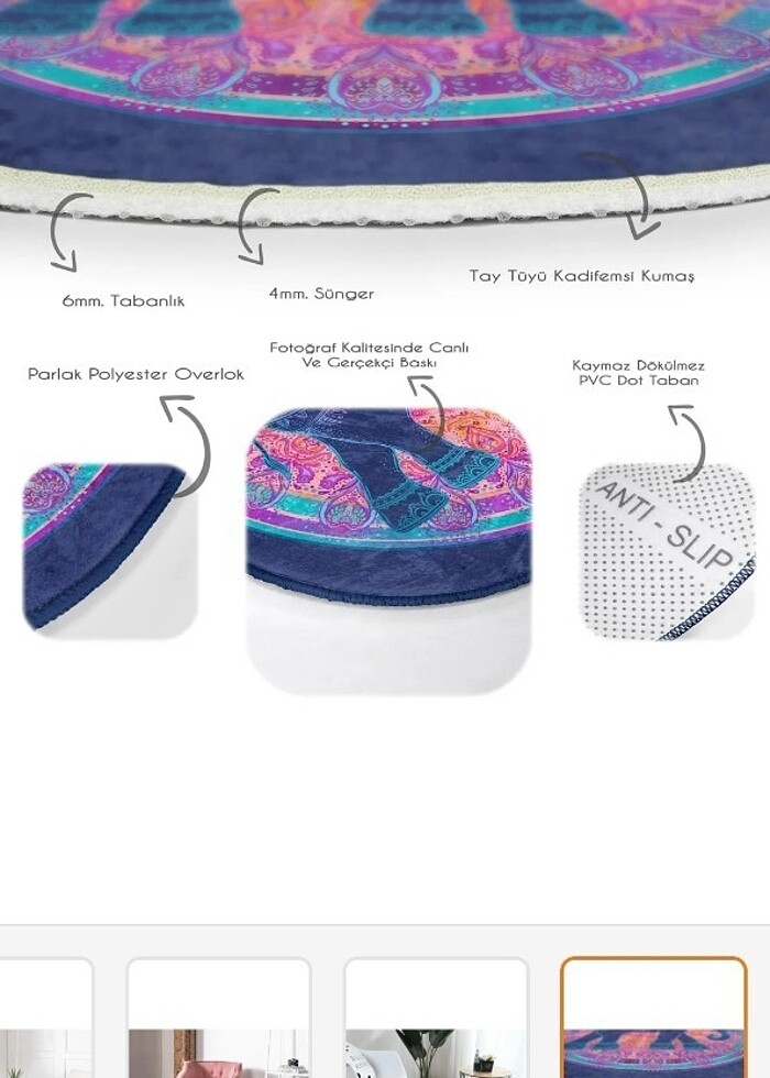 BOHEM OTANTİK ETNİK FİL DESENLİ YUVARLAK MOR HALI 120X120CM - Görsel 5