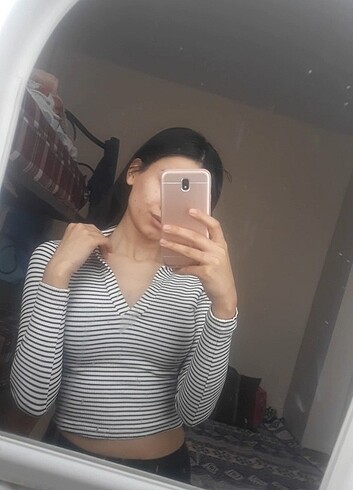 Polo yaka Çizgili crop bluz