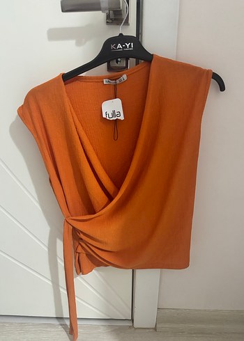 Turuncu Dökümlü V Yaka Kolsuz Keten Bluz - Görsel 2