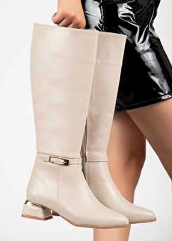 Bej Deri Kemerli Dizüstü Kadın Çizme - Görsel 2