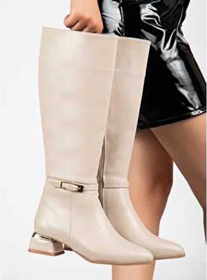 Bej Deri Kemerli Dizüstü Kadın Çizme - Görsel 2