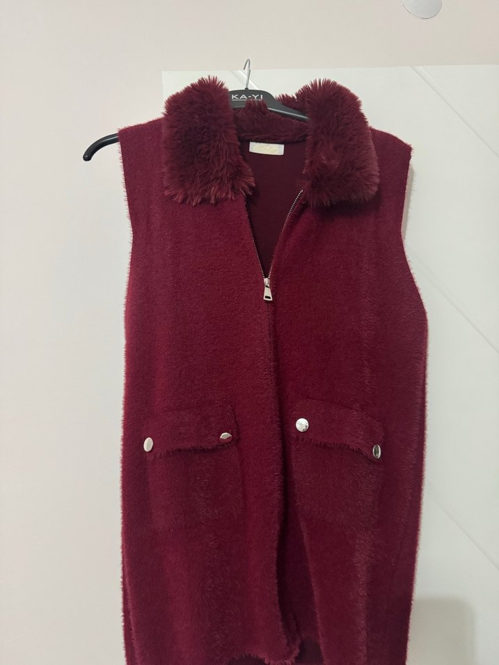 Bordo Kürklü Kadın Yelek - Görsel 4