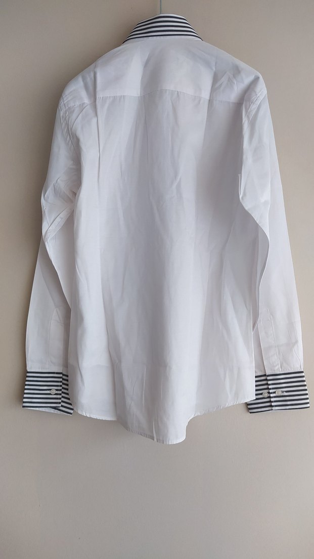 Çizgili Yaka Detaylı Beyaz Erkek Gömlek - Görsel 4