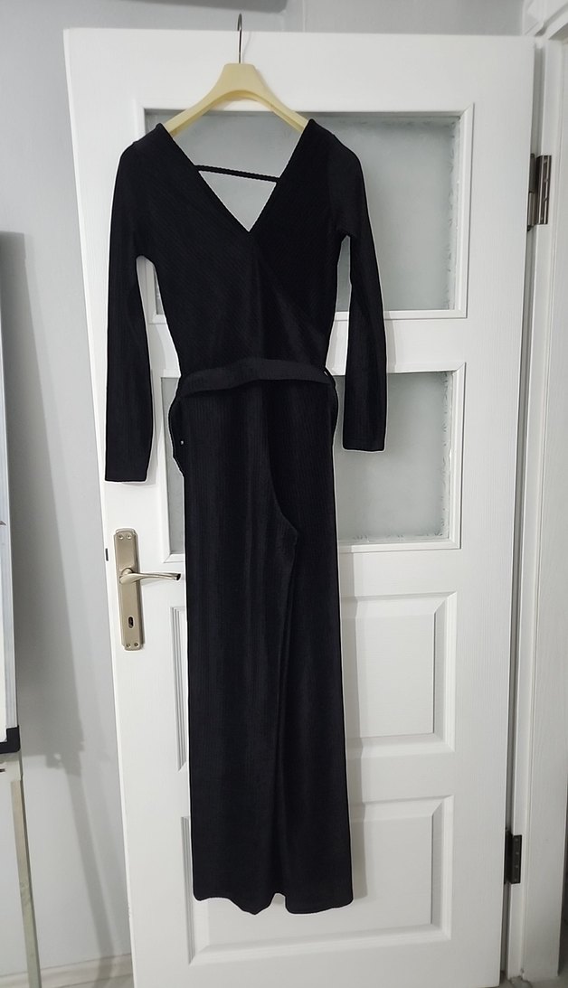 Siyah Kadife Kadın Uzun Tulum - Görsel 2