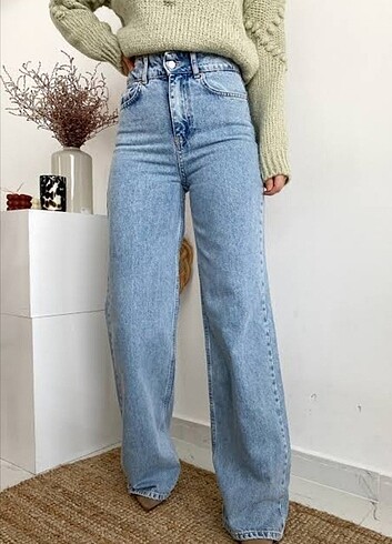 Wide leg boru paça yüksek bel kot pantolon 
