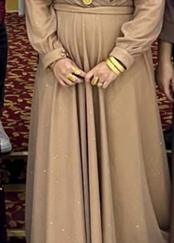 l Beden camel Renk Diger Bej Uzun Kollu Drapeli Abiye Elbise
