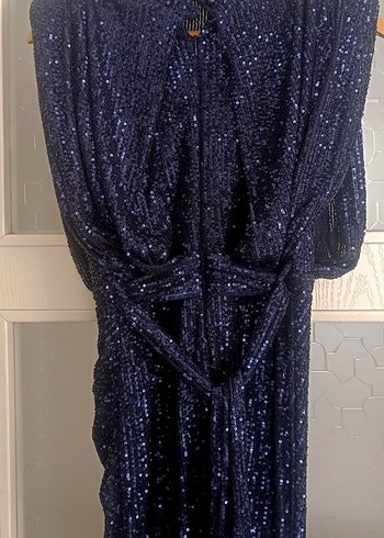 Parlak Lacivert  payetli Drapeli Uzun Abiye - Görsel 5