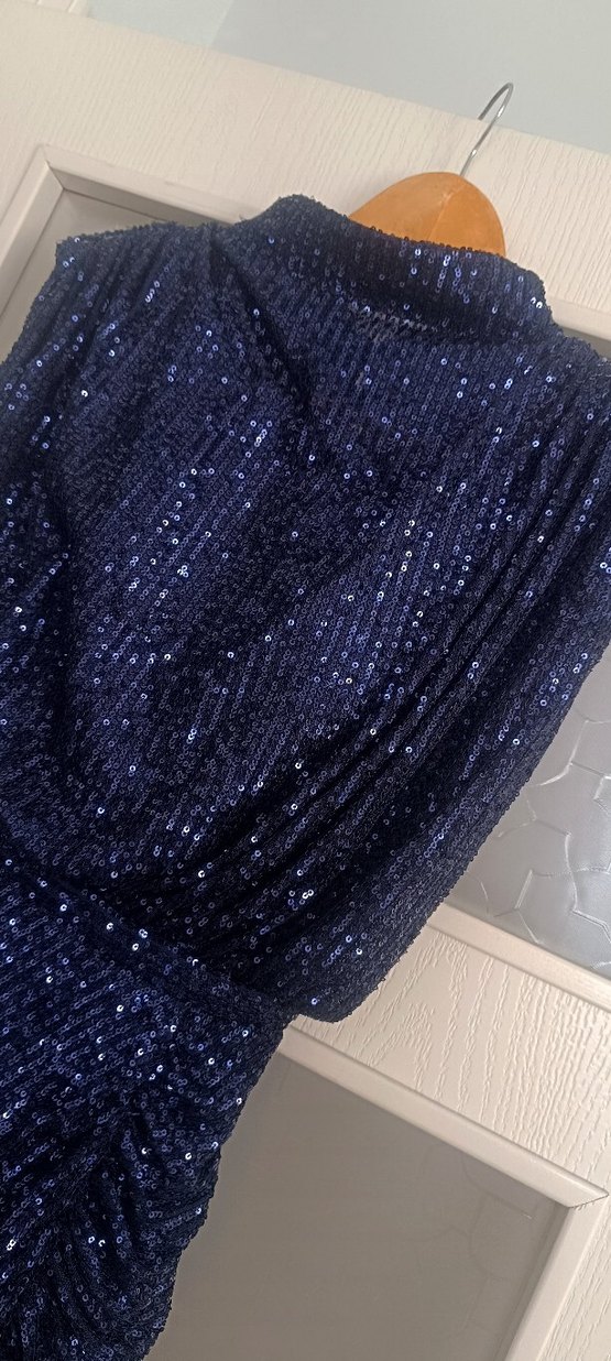 Parlak Lacivert  payetli Drapeli Uzun Abiye - Görsel 4