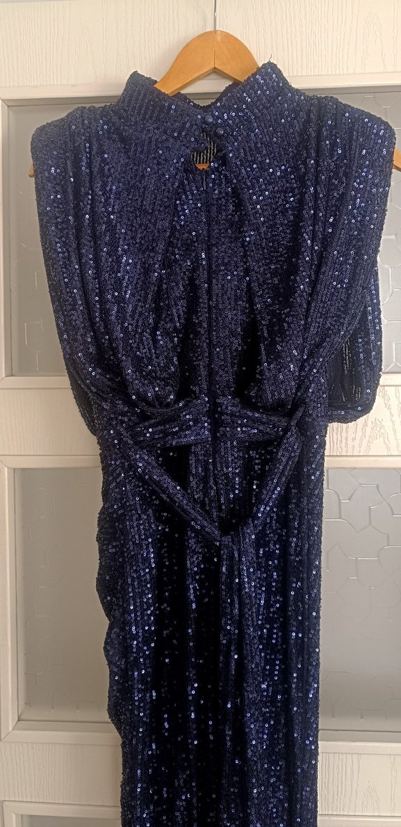 Parlak Lacivert  payetli Drapeli Uzun Abiye - Görsel 5