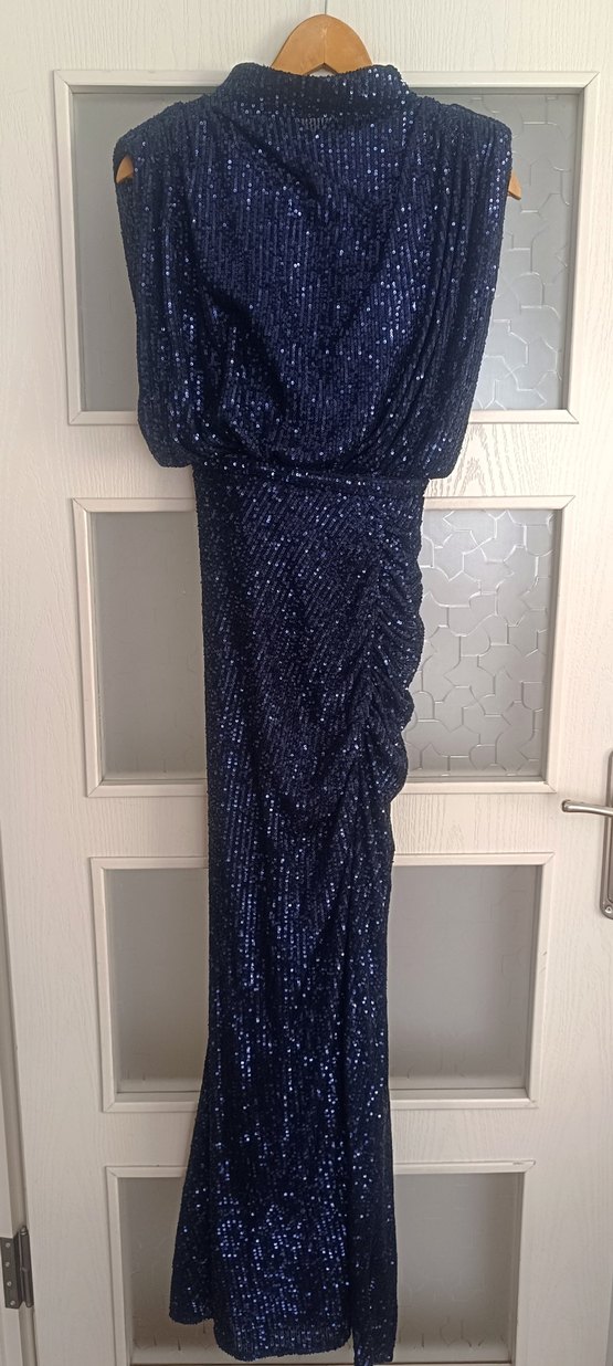 Parlak Lacivert  payetli Drapeli Uzun Abiye - Görsel 3