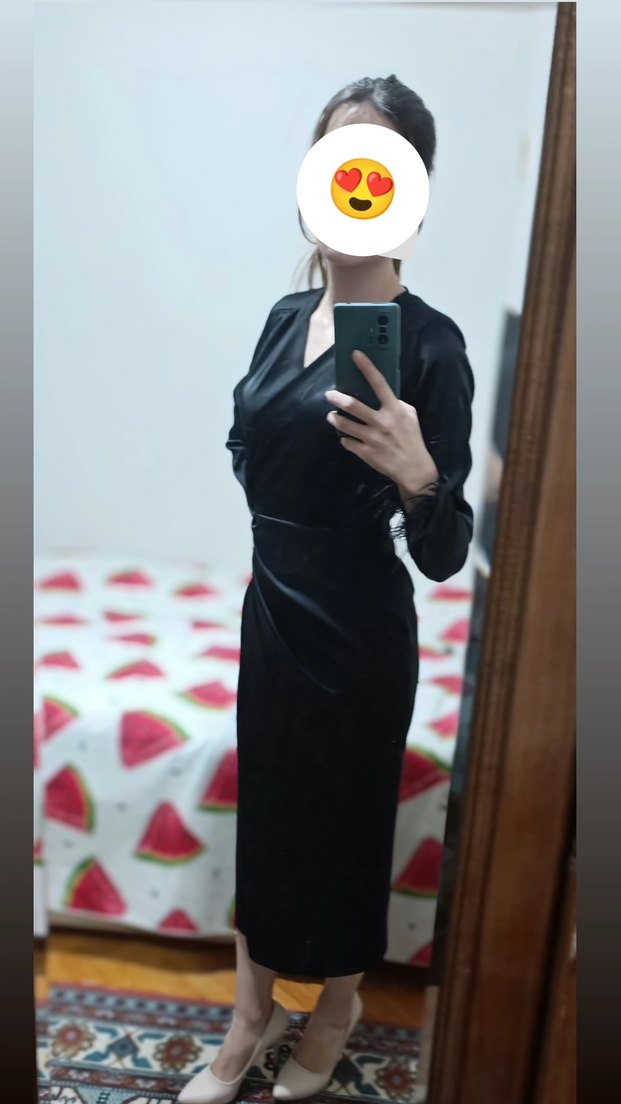 Siyah Uzun Kollu Midi Saten Elbise - Görsel 2