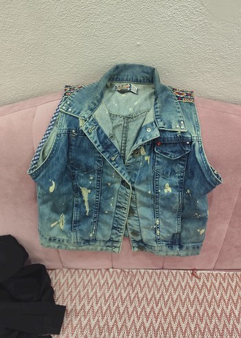 Düğmeli Mavi Kadın Kot Yelek - Görsel 4