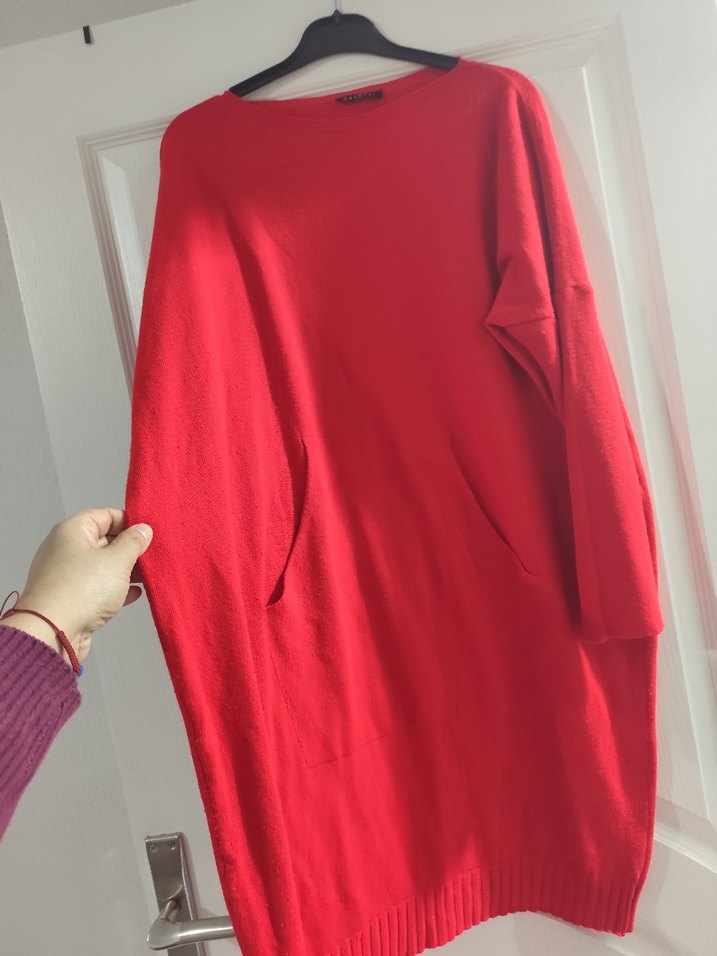 Kırmızı Uzun Kollu Triko Midi Elbise uzunluk 1 koltuk altı 70 cm - Görsel 2