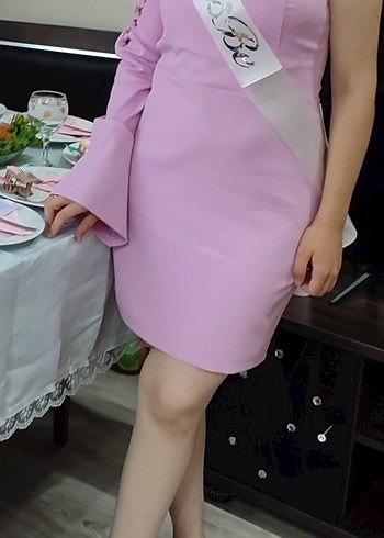 36 Beden pembe Renk Pudra Renk Drapeli Midi Abiye Elbise (36)