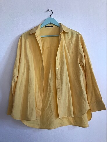 Defacto oversize sarı patlı keten gömlek