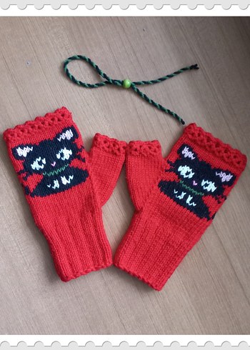 Kırmızı Kedili Örgü Eldiven - Görsel 4