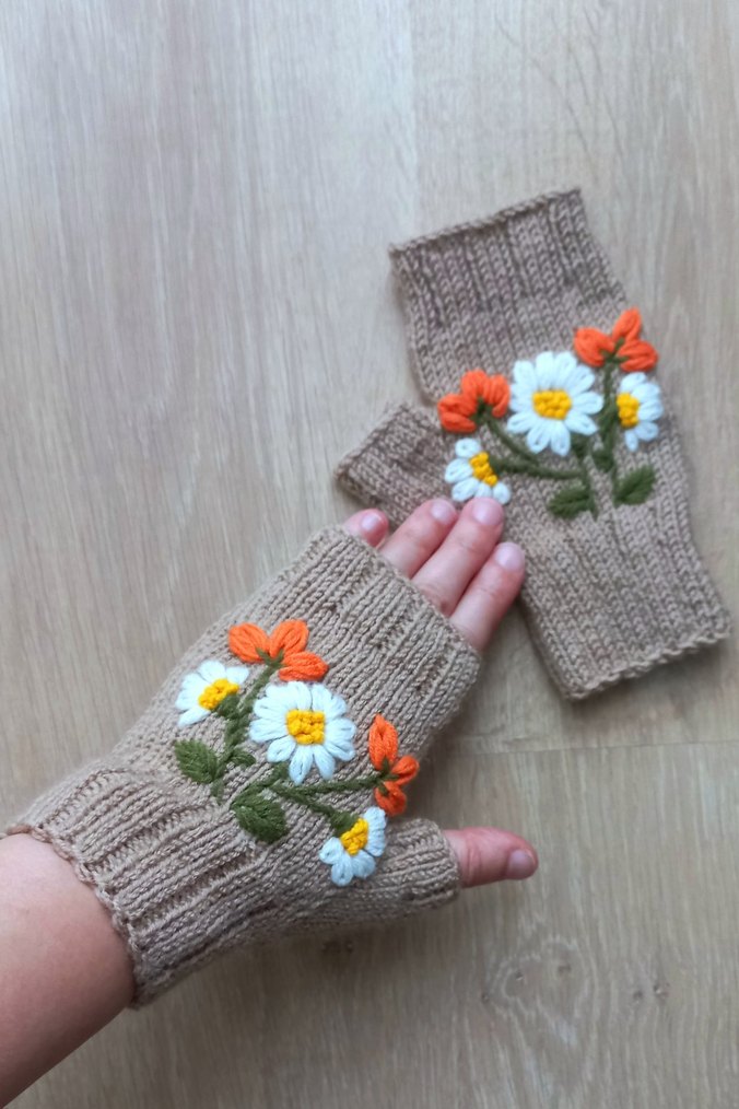 Nakışlı Bohem Örgü Kadın Eldiveni - Görsel 3