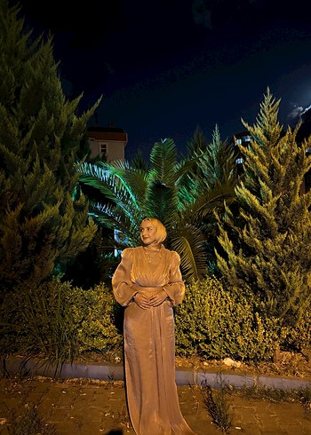 Drapeli, Yüksek Yakalı Uzun Camel Kadın Elbise - Görsel 3