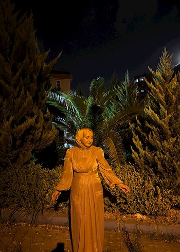 Drapeli, Yüksek Yakalı Uzun Camel Kadın Elbise - Görsel 2