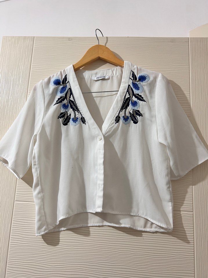 Nakışlı V Yaka Pamuklu Bohem Gömlek - Görsel 2