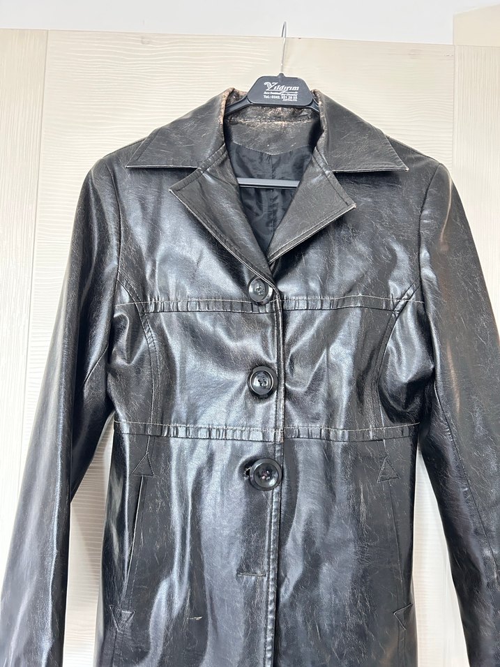 Düğmeli Siyah Deri Kadın Ceket - Görsel 2