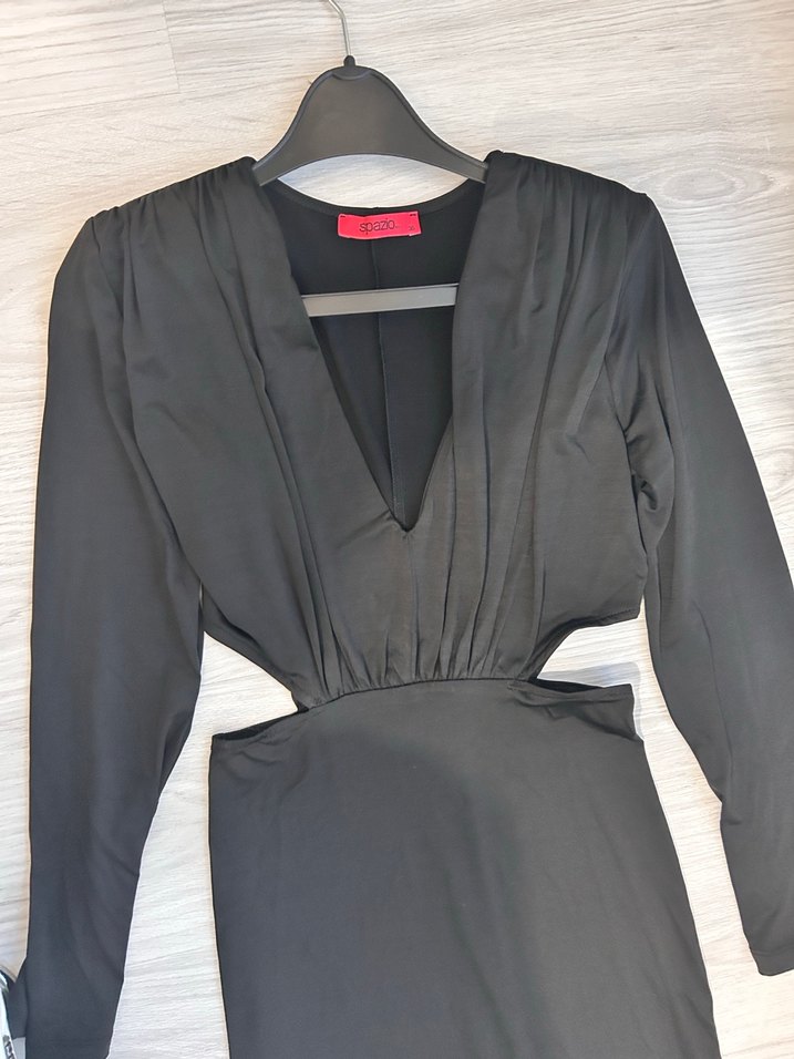 Uzun Kollu Drapeli Siyah V Yaka Elbise - Görsel 3