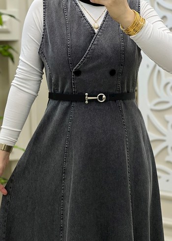 Gri Denim Kemerli Uzun Elbise