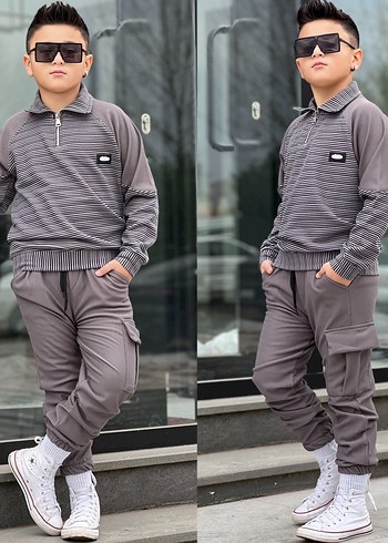 Gri Çizgili Yüksek Yakalı Erkek Çocuk Eşofman Takımı - Görsel 7