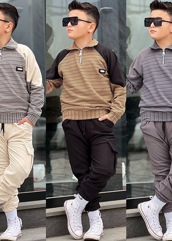 Gri Çizgili Yüksek Yakalı Erkek Çocuk Eşofman Takımı - Görsel 3